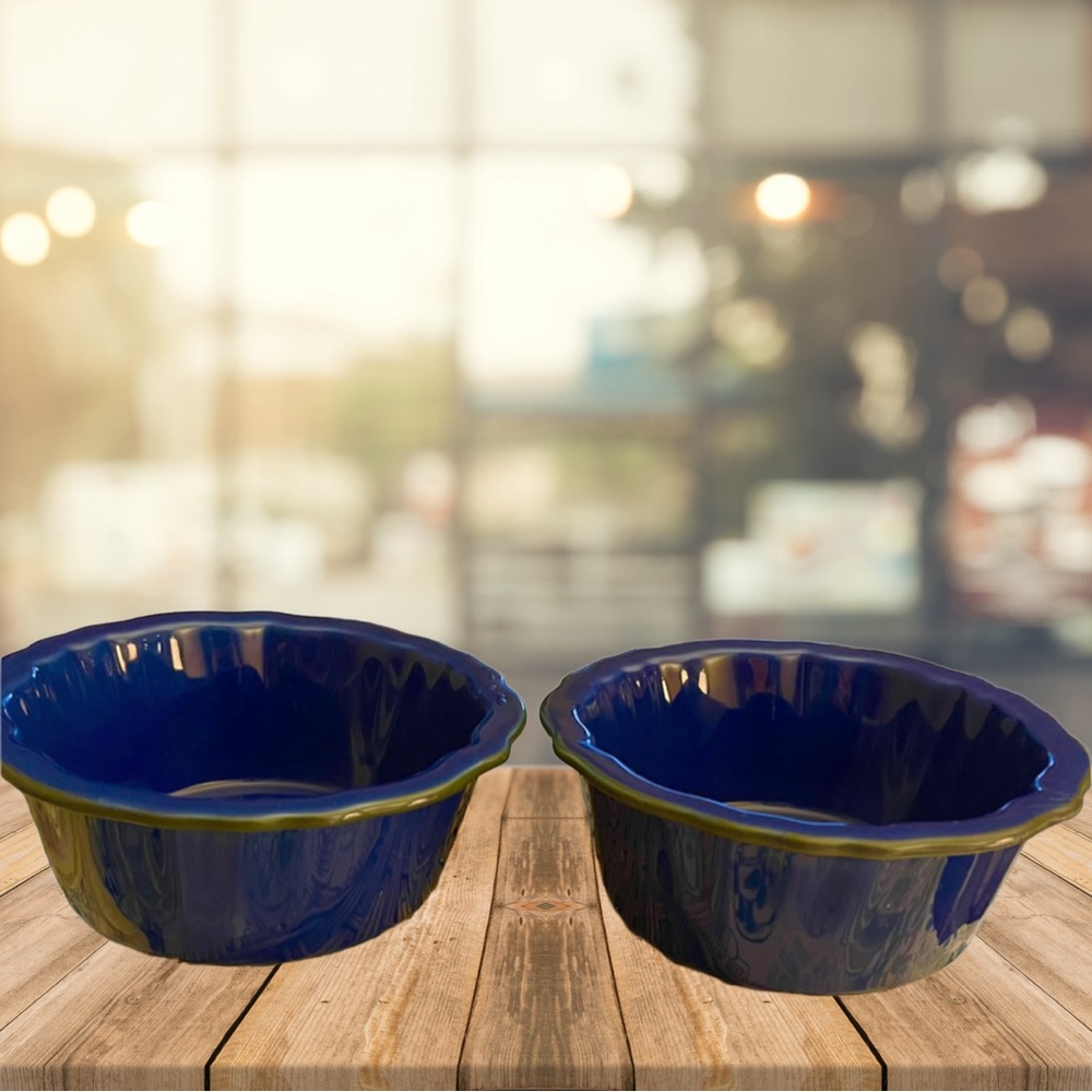 2 CHANTAL 5” Baking Dishes Blue Fluted 5”x 2 1/2” 1 3/4 Cups Never Used